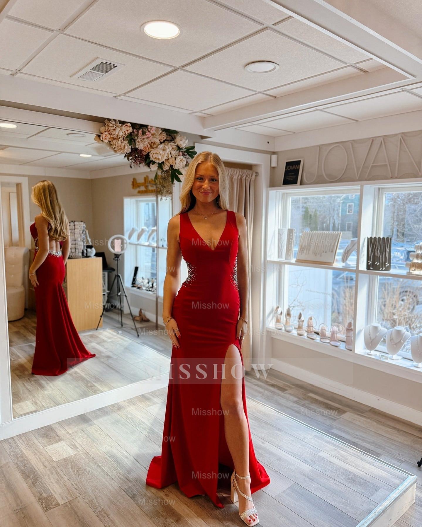 Attractive Long Red V-Neck Sleeveless Backless Column Prom Dress with Rhinestones and Slit