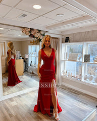 Attractive Long Red V-Neck Sleeveless Backless Column Prom Dress with Rhinestones and Slit