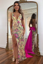 Yellow v-neck split-front mermaid prom dress