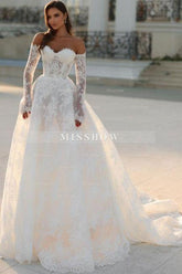 Attractive Long White A-line Off-the-shoulder Lace Wedding Dress with Long Sleeves