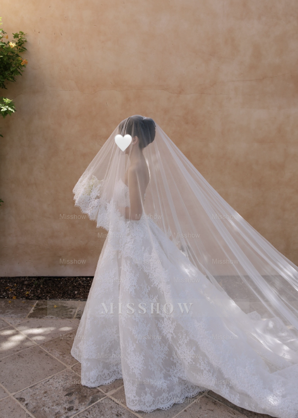 Attractive Long White Strapless Ball Gown Lace Wedding Dress