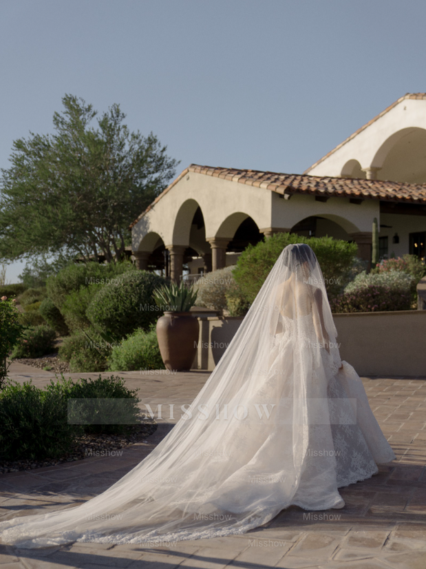 Attractive Long White Strapless Ball Gown Lace Wedding Dress