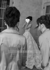 Attractive Long White Strapless Ball Gown Lace Wedding Dress