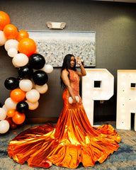 Attractive Orange Sleeveless Crew Mermaid Prom Dress with Chapel Train