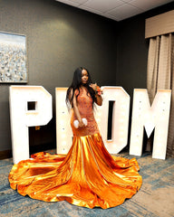 Attractive Orange Sleeveless Crew Mermaid Prom Dress with Chapel Train