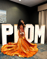 Attractive Orange Sleeveless Crew Mermaid Prom Dress with Chapel Train