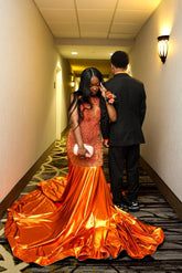 Attractive Orange Sleeveless Crew Mermaid Prom Dress with Chapel Train
