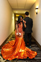 Attractive Orange Sleeveless Crew Mermaid Prom Dress with Chapel Train