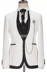 Augustin White Jacquard Slim Fit One Button Three-Piece Wedding Suit