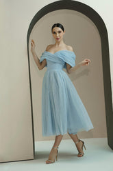Baby Blue Off-the-Shoulder Sleeveless A-Line Glitter Tulle Midi Formal Evening Dress