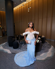 Baby Blue Plus Size Mermaid Prom Dress Off Shoulder 3D Feather Trim Sheer Illusion White Crystal Beaded Corset All-Over 3D Floral Rhinestone Beaded Skirt Sweep Train Gown