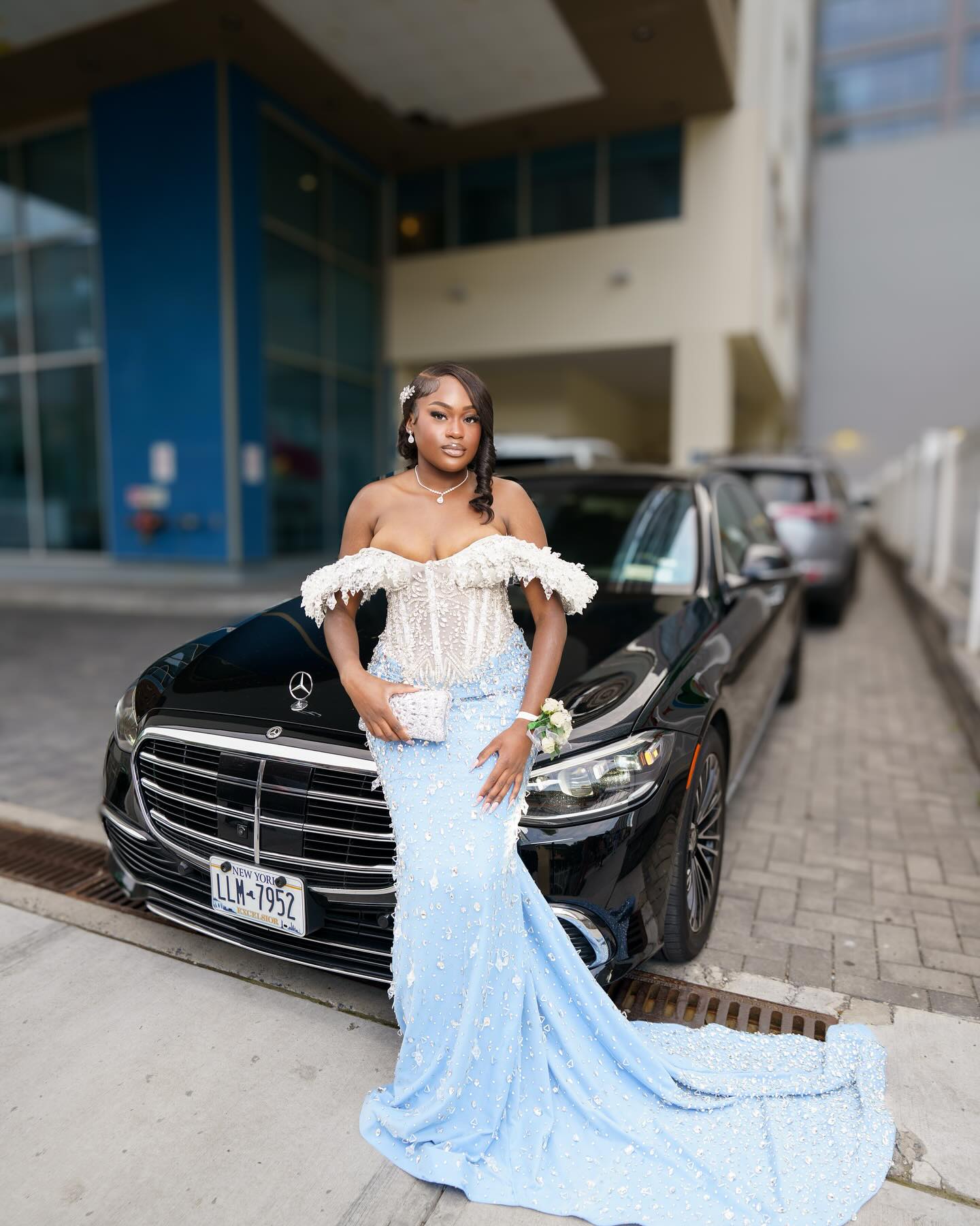 Baby Blue Plus Size Mermaid Prom Dress Off Shoulder 3D Feather Trim Sheer Illusion White Crystal Beaded Corset All-Over 3D Floral Rhinestone Beaded Skirt Sweep Train Gown