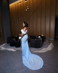 Baby Blue Plus Size Mermaid Prom Dress Off Shoulder 3D Feather Trim Sheer Illusion White Crystal Beaded Corset All-Over 3D Floral Rhinestone Beaded Skirt Sweep Train Gown