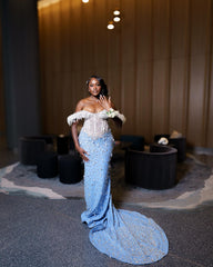 Baby Blue Plus Size Mermaid Prom Dress Off Shoulder 3D Feather Trim Sheer Illusion White Crystal Beaded Corset All-Over 3D Floral Rhinestone Beaded Skirt Sweep Train Gown