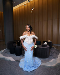 Baby Blue Plus Size Mermaid Prom Dress Off Shoulder 3D Feather Trim Sheer Illusion White Crystal Beaded Corset All-Over 3D Floral Rhinestone Beaded Skirt Sweep Train Gown