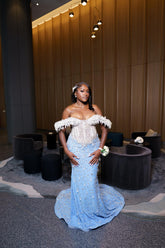 Light blue illusion rhinestone mermaid prom dress
