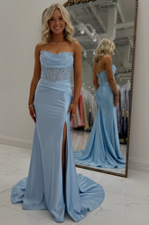 Baby Blue Satin Mermaid Prom Dress Strapless Sweetheart Illusion Lace Corset Ruched Bodice Side Slit Formal Evening Gown