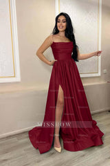 Baby Blue Spaghetti Strap Sleeveless A Line Formal Dress Charmeuse With Split