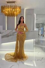 Baby Blue Strapless Long Sleeve Mermaid Long Formal Dress With Beading