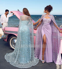 Baby Blue Strapless Sweetheart Beaded Cape Sleeves Satin Column High Formal Evening Gown