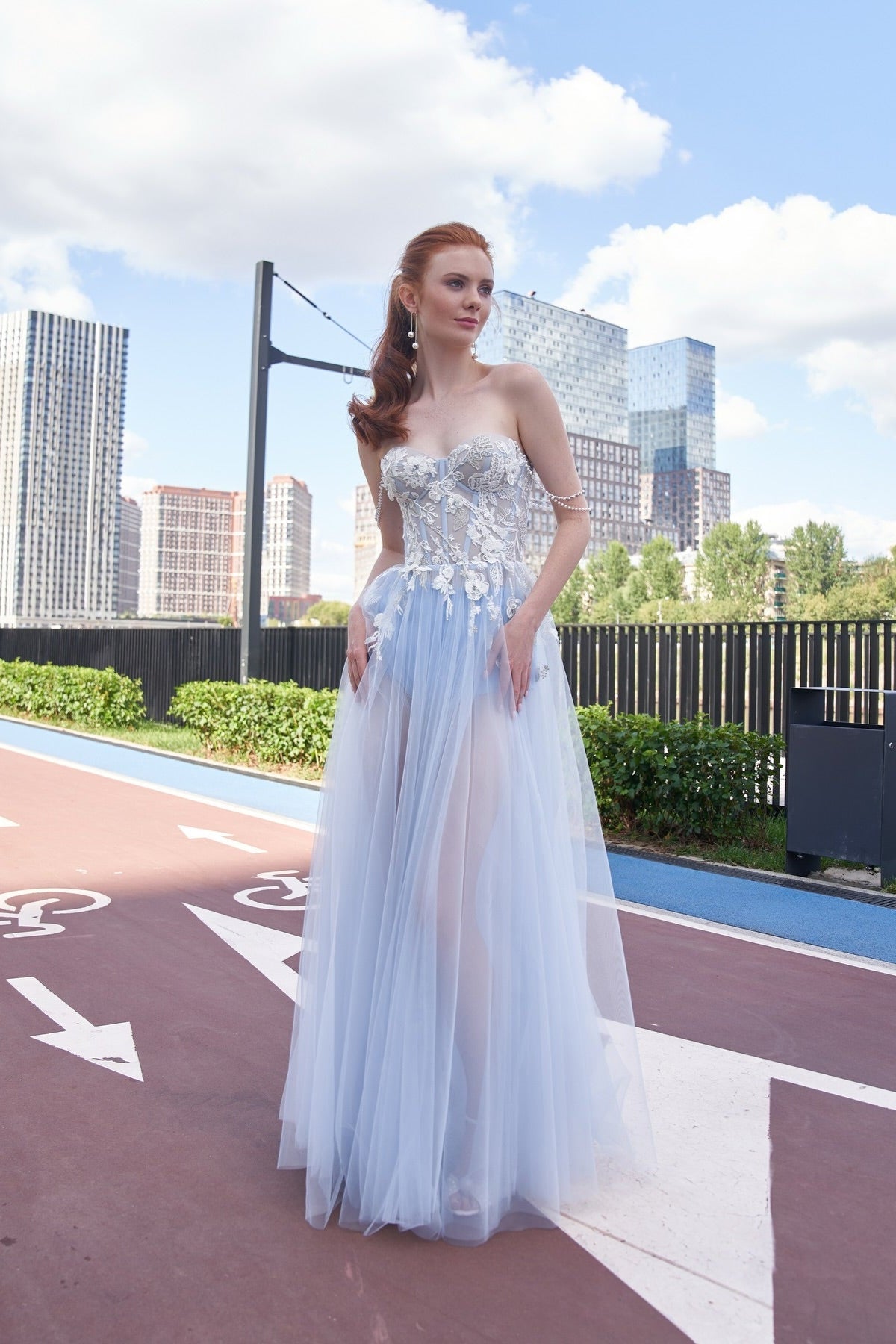 Baby Blue Sweetheart Sleeveless A-Line Floral Applique Pearl Lace-Up High Slit Evening Gown