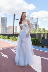 Baby Blue Sweetheart Sleeveless A-Line Floral Applique Pearl Lace-Up High Slit Evening Gown