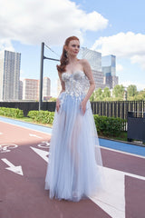 Baby Blue Sweetheart Sleeveless A-Line Floral Applique Pearl Lace-Up High Slit Evening Gown