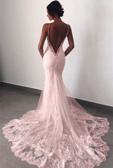 Blushing pink v-neck lace mermaid wedding dress