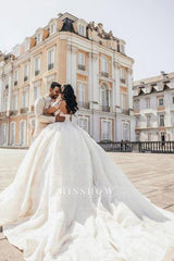 Ball Gown Floor-Length Stain Long Sleeve Appliques Sweetheart Tulle Wedding Dresses with Beadings