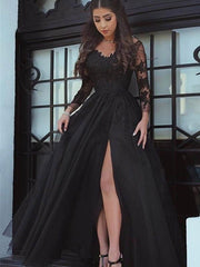 Ball Gown Long Sleeves Off-the-Shoulder Floor-Length Tulle Applique Prom Evening Dresses