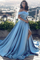Ball Gown Off-shoulder Floor Length Blue Prom Evening Dresses