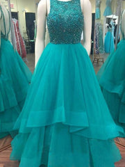 Ball Gown Scoop Sleeveless Floor-Length Beading Organza Prom Evening Dresses