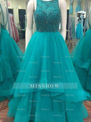Ball Gown Scoop Sleeveless Floor-Length Beading Organza Prom Evening Dresses