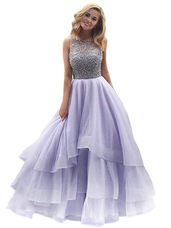 Ball Gown Scoop Sleeveless Floor-Length Beading Organza Prom Evening Dresses