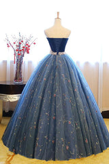 Ball Gown Strapless Embroidery Pearl Dark Blue Formal Prom Evening Dresses