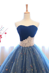 Ball Gown Strapless Embroidery Pearl Dark Blue Formal Prom Evening Dresses