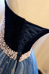 Ball Gown Strapless Embroidery Pearl Dark Blue Formal Prom Evening Dresses
