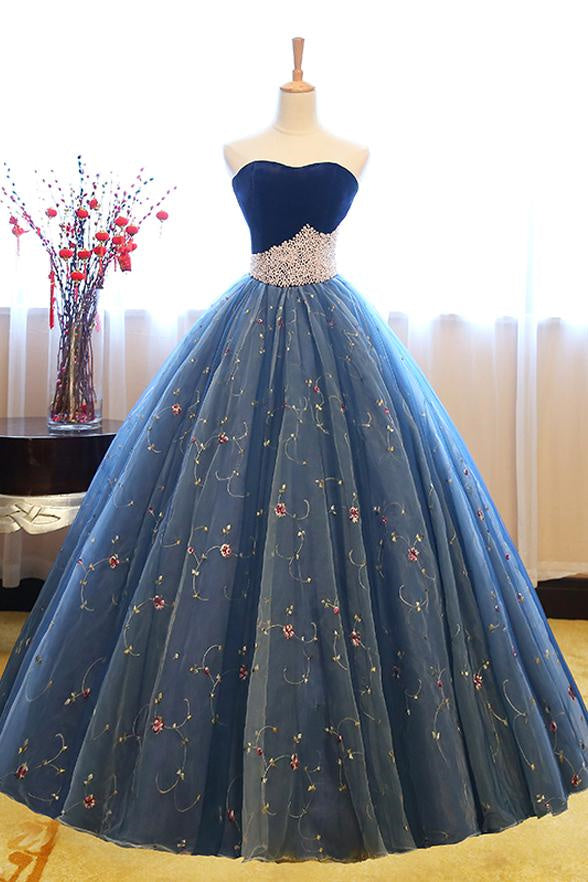 Ball Gown Strapless Embroidery Pearl Dark Blue Formal Prom Evening Dresses