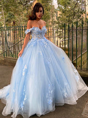 Ball Gown Tulle Applique Off-the-Shoulder Sleeveless Prom Evening Dresses