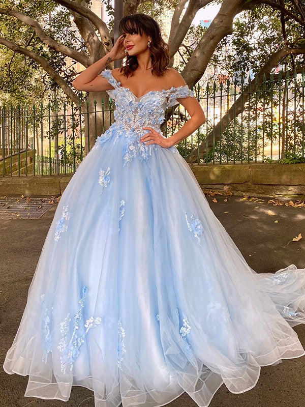 Ball Gown Tulle Applique Off-the-Shoulder Sleeveless Prom Evening Dresses