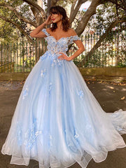 Ball Gown Tulle Applique Off-the-Shoulder Sleeveless Prom Evening Dresses