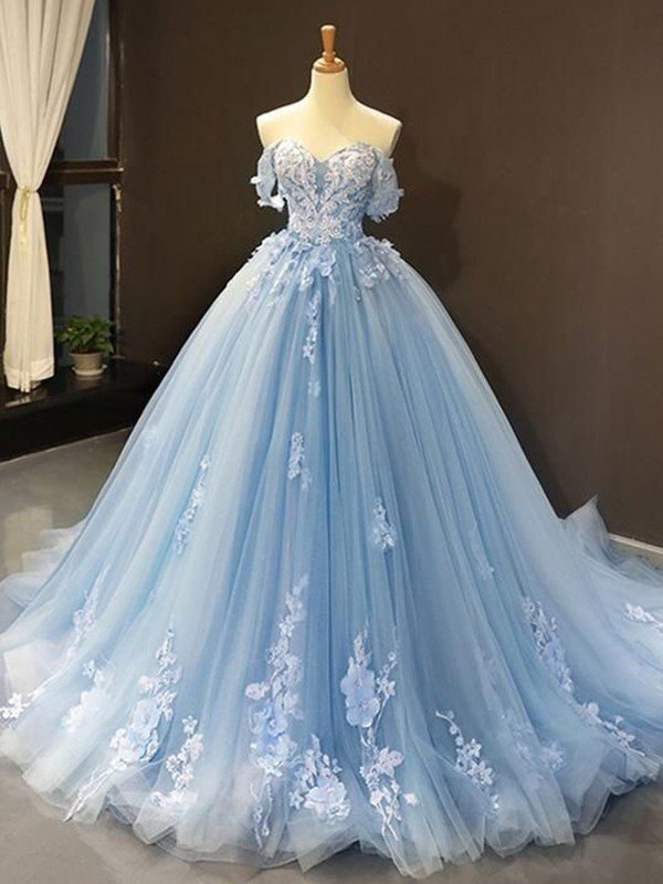 Ball Gown Tulle Off-the-Shoulder Sleeveless Applique Prom Evening Dresses