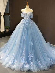 Ball Gown Tulle Off-the-Shoulder Sleeveless Applique Prom Evening Dresses