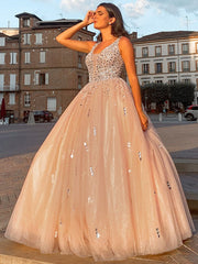 Ball Gown Tulle V-neck Beading Sleeveless Floor-Length Prom Evening Dresses