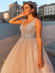 Ball Gown Tulle V-neck Beading Sleeveless Floor-Length Prom Evening Dresses