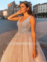 Ball Gown Tulle V-neck Beading Sleeveless Floor-Length Prom Evening Dresses