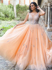 Ball Gown Tulle V-neck Beading Sleeveless Floor-Length Prom Evening Dresses