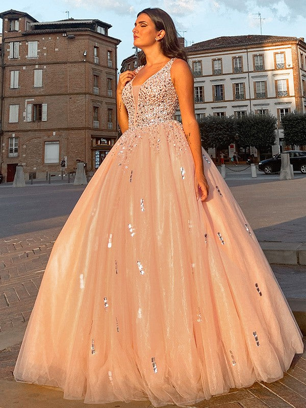 Ball Gown Tulle V-neck Beading Sleeveless Floor-Length Prom Evening Dresses