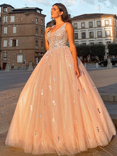 Ball Gown Tulle V-neck Beading Sleeveless Floor-Length Prom Evening Dresses