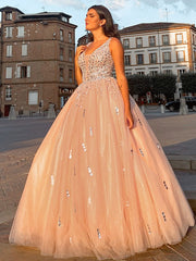 Ball Gown Tulle V-neck Beading Sleeveless Floor-Length Prom Evening Dresses